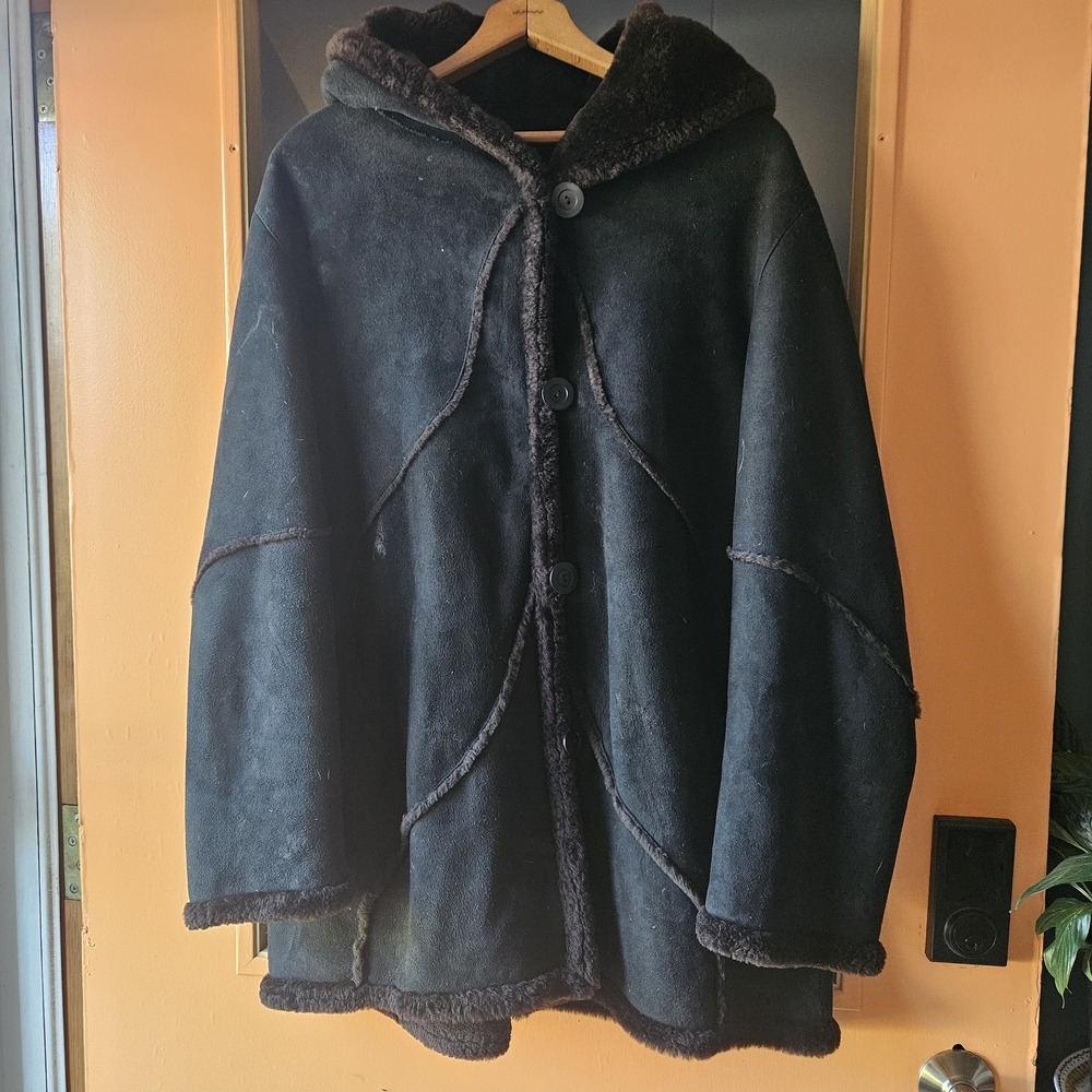 Blue Duck Black Shearling Coat with Hood